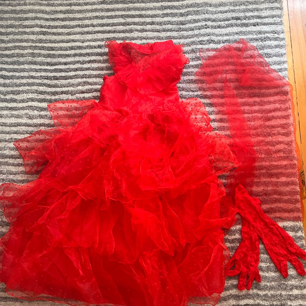 Elegant Red Ruffled Dress with Gloves